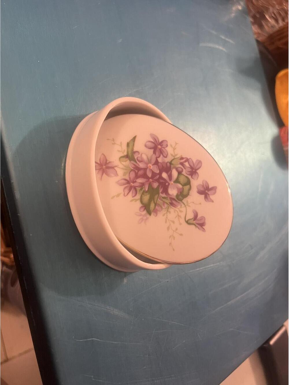 Vintage Floral Porcelain Trinket Box with Gold Trim